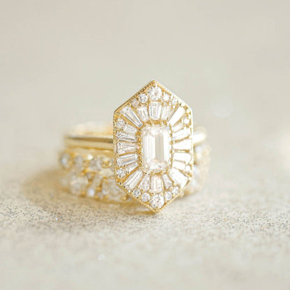 0.56 CT Emerald Cut Moissanite Hexagon Shape Mosaic Engagement Ring