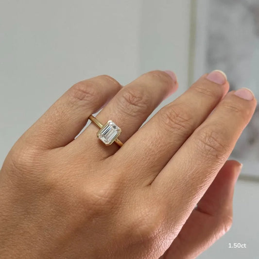 1.2 CT - 1.5 CT Emerald Cut Half Bezel Solitaire Moissanite Engagement Ring