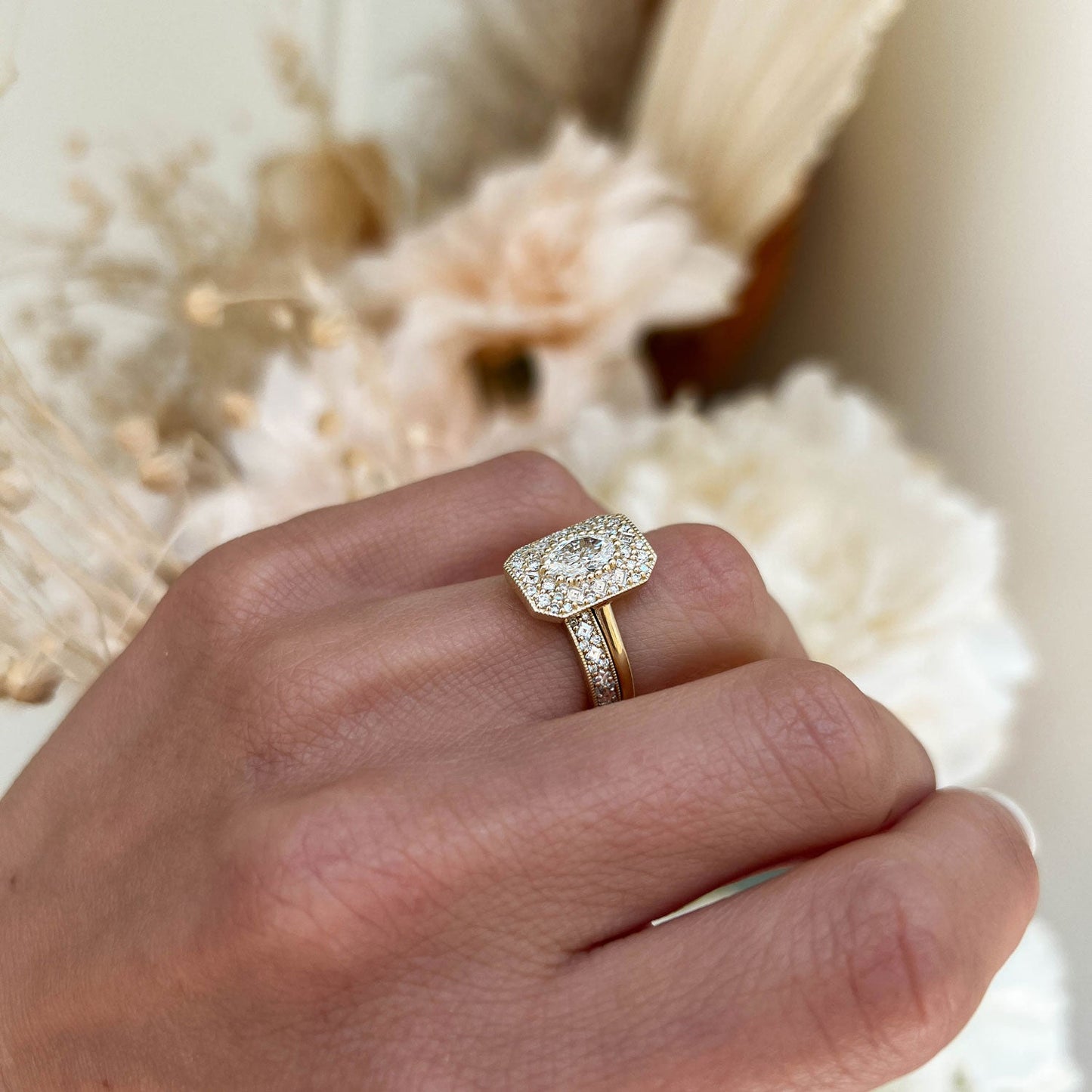 0.74 CT Oval Cut Moissanite Emerald Shape Mosaic Engagement Ring