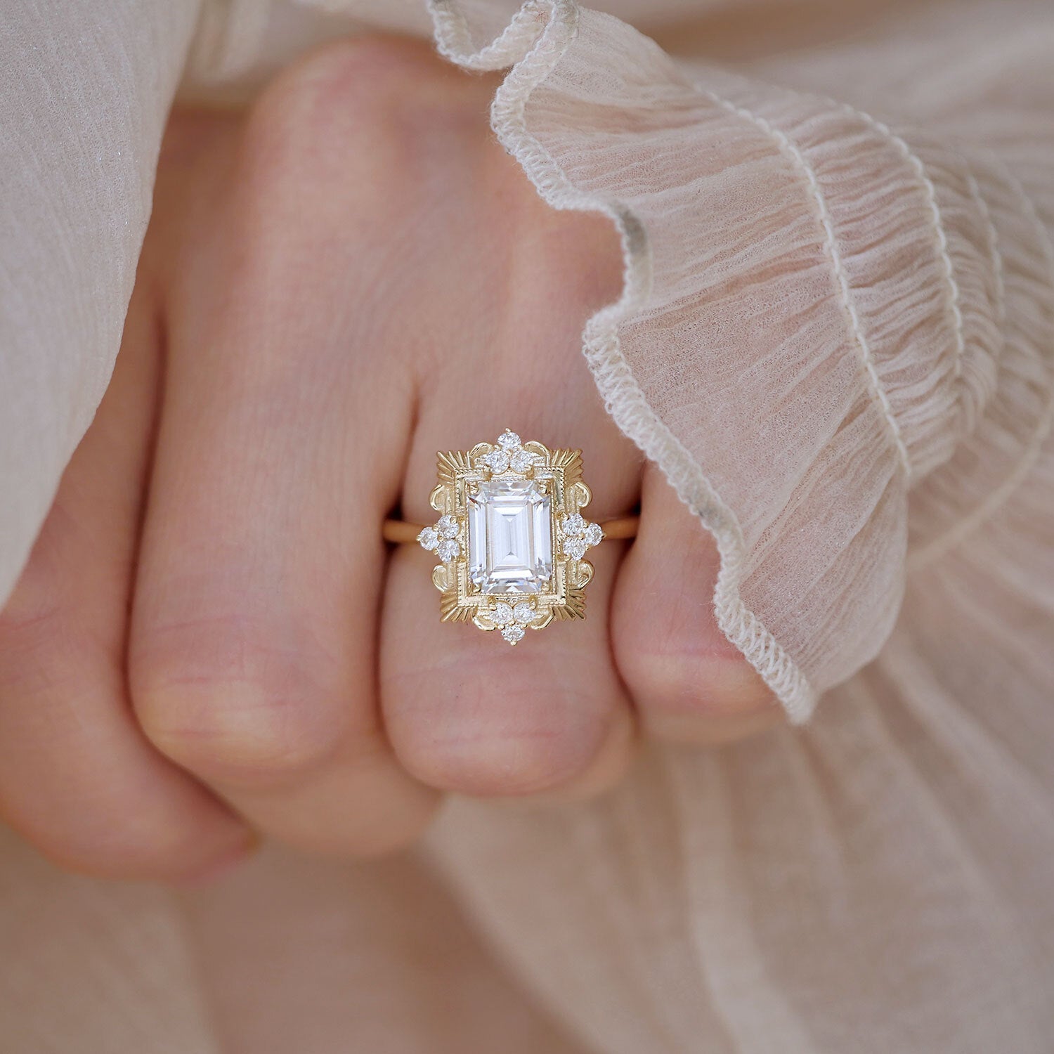 1.5 CT Emerald Cut Moissanite Florentine Mosaic Engagement Ring
