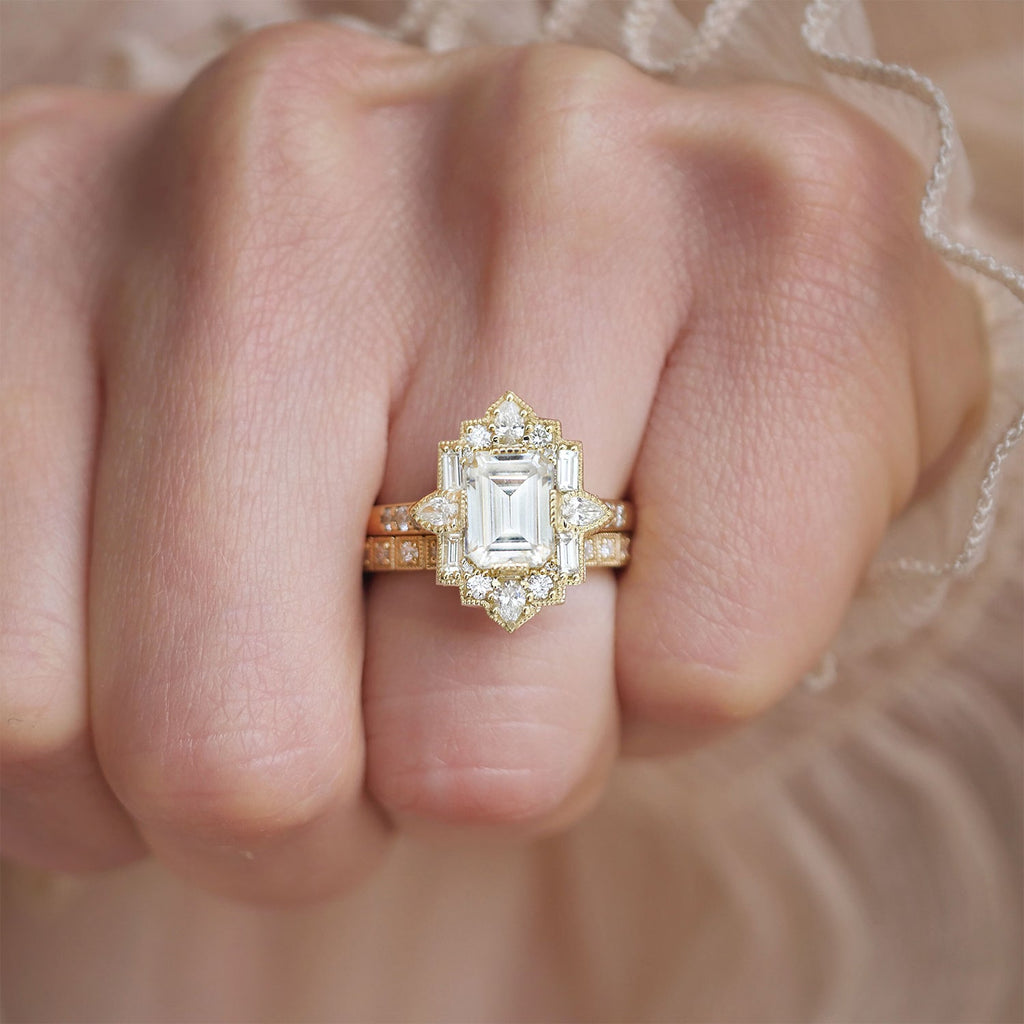 1.5 CT Emerald Cut Moissanite Art Deco Mosaic Engagement Ring