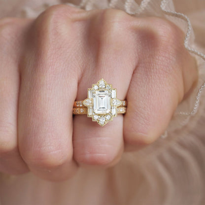1.5 CT Emerald Cut Moissanite Art Deco Mosaic Engagement Ring
