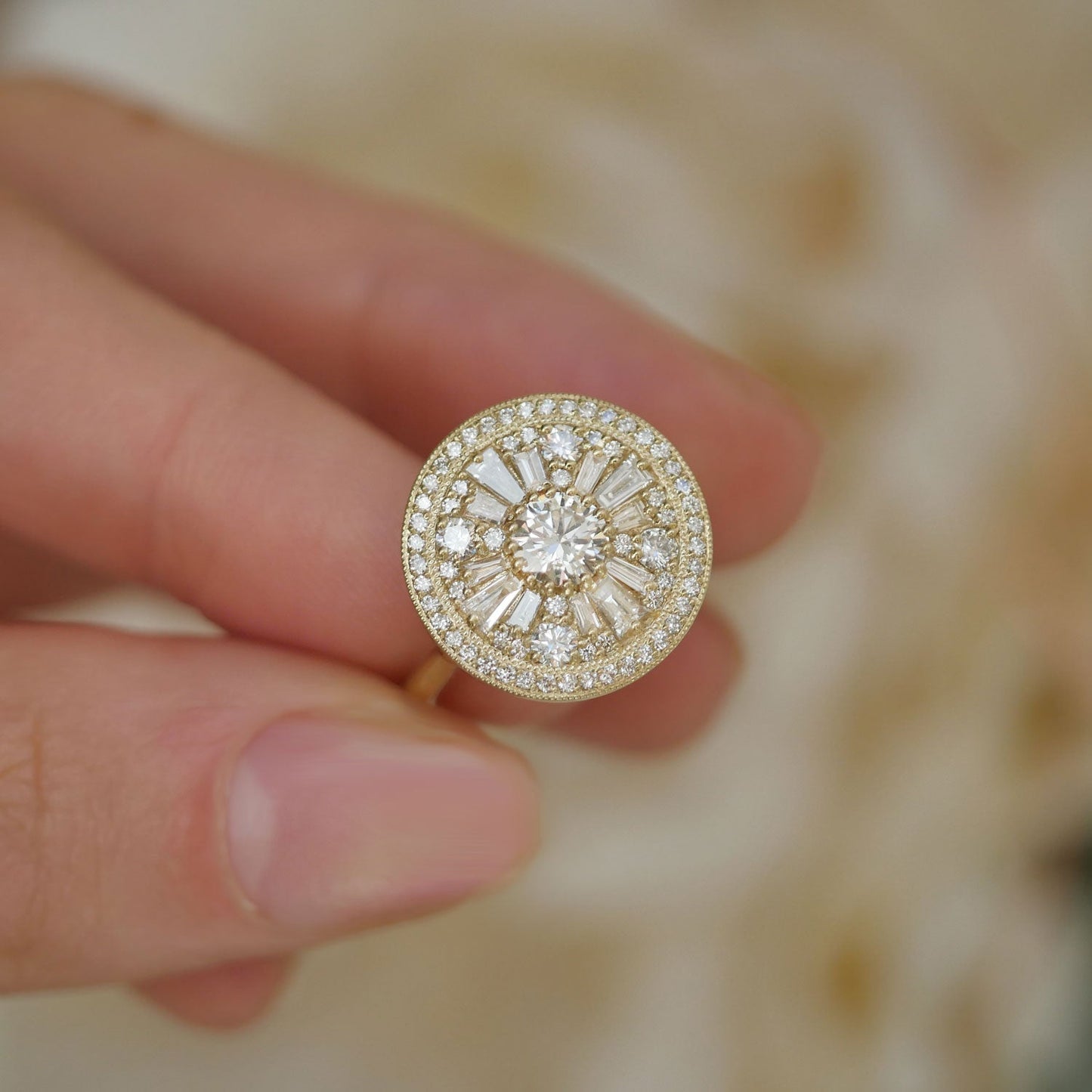 0.35 CT Round Cut Moissanite Halo Cluster Mosaic Engagement Ring