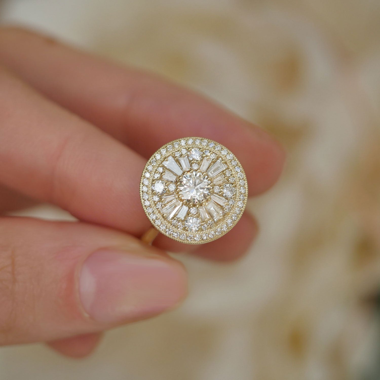 0.35 CT Round Cut Moissanite Halo Cluster Mosaic Engagement Ring