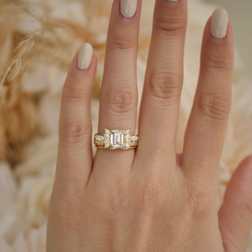 1.5 CT Emerald Cut Moissanite Peacock Style Mosaic Engagement Ring