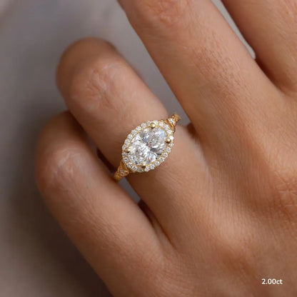 2 CT - 3 CT East-West Oval Cut Halo Vintage Style Moissanite Engagement Ring