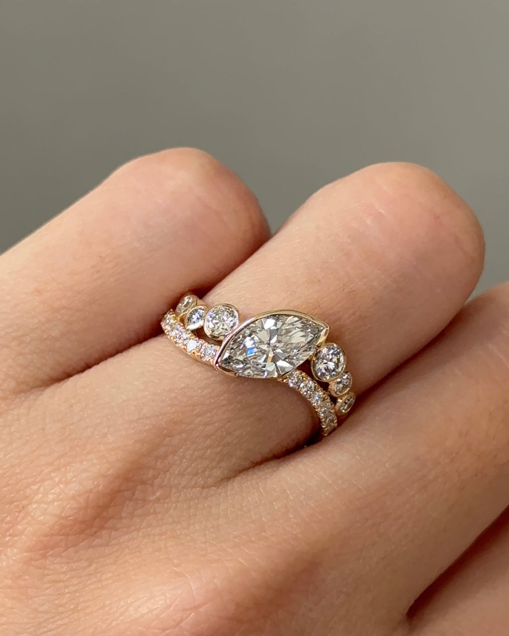 1.09 CT Marquise Cut Lab grown Diamond Bezel Arc Curvy With Pave Engagement Ring
