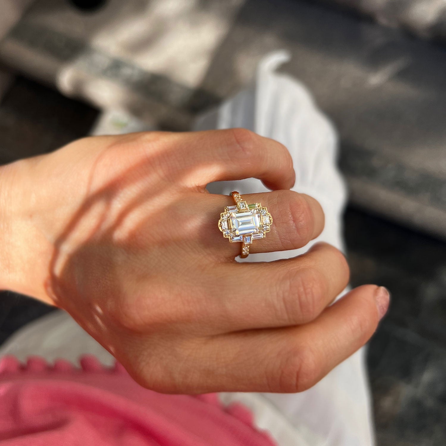 1.5 CT Emerald Cut Moissanite Art Deco Mosaic Engagement Ring