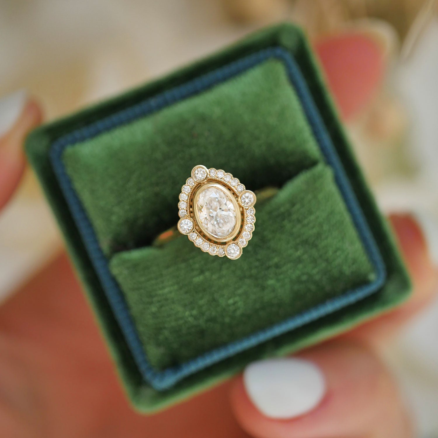 0.7 CT Oval Cut Moissanite Art Deco Mosaic Engagement Ring