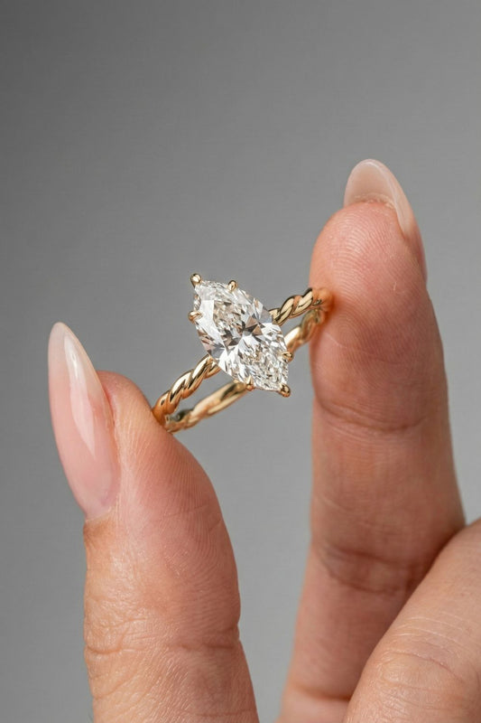 Marquise Cut Hidden Halo Rope Style Moissanite Engagement Ring