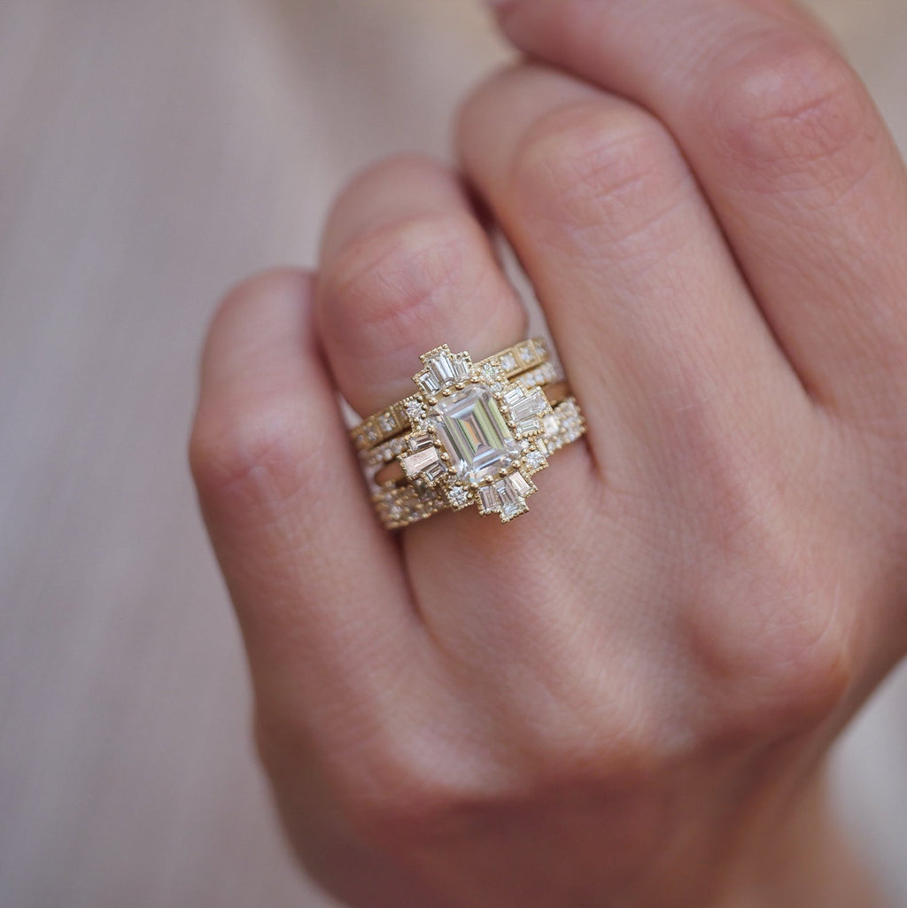 1.5 CT Emerald Cut Moissanite Cluster Mosaic Engagement Ring