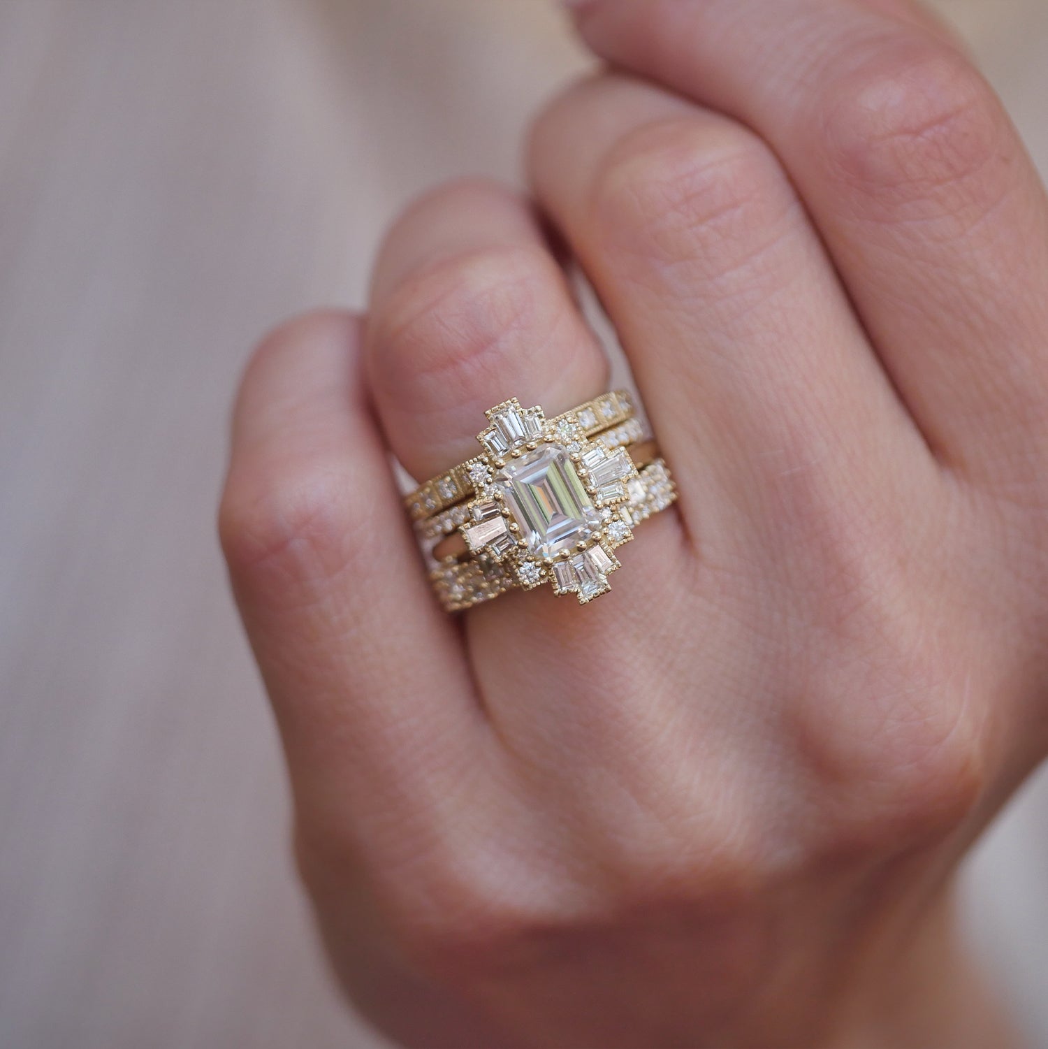 1.5 CT Emerald Cut Moissanite Cluster Mosaic Engagement Ring