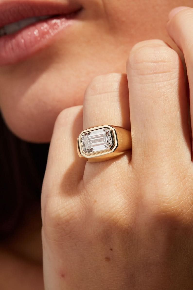 3 CT Emerald Cut Flush Set Moissanite Engagement Ring