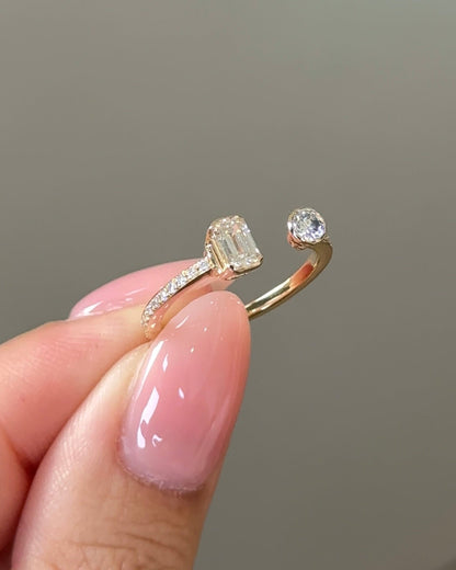 Emerald & Round CVD Diamond Bezel with Open Cuff Wedding Band