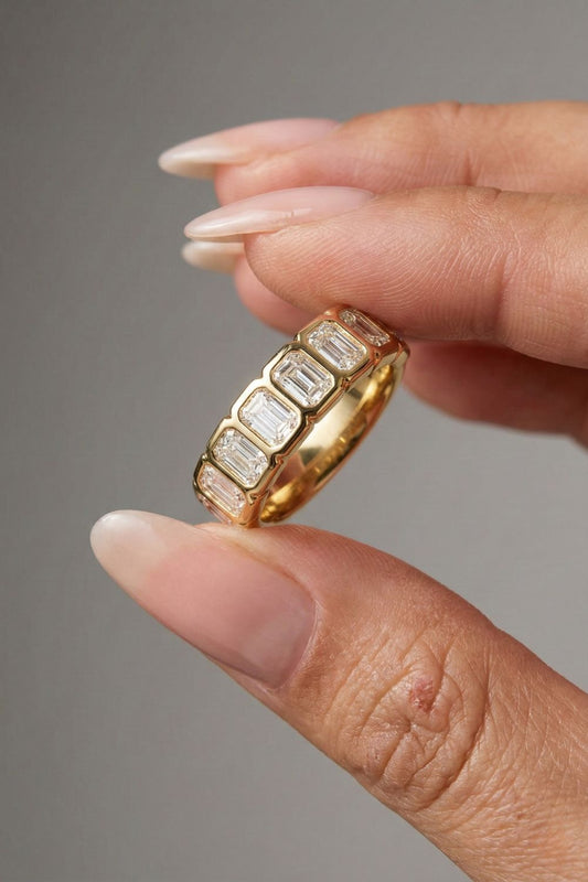 1.1 TCW Emerald Moissanite Bezel Set Half Eternity Wedding Band