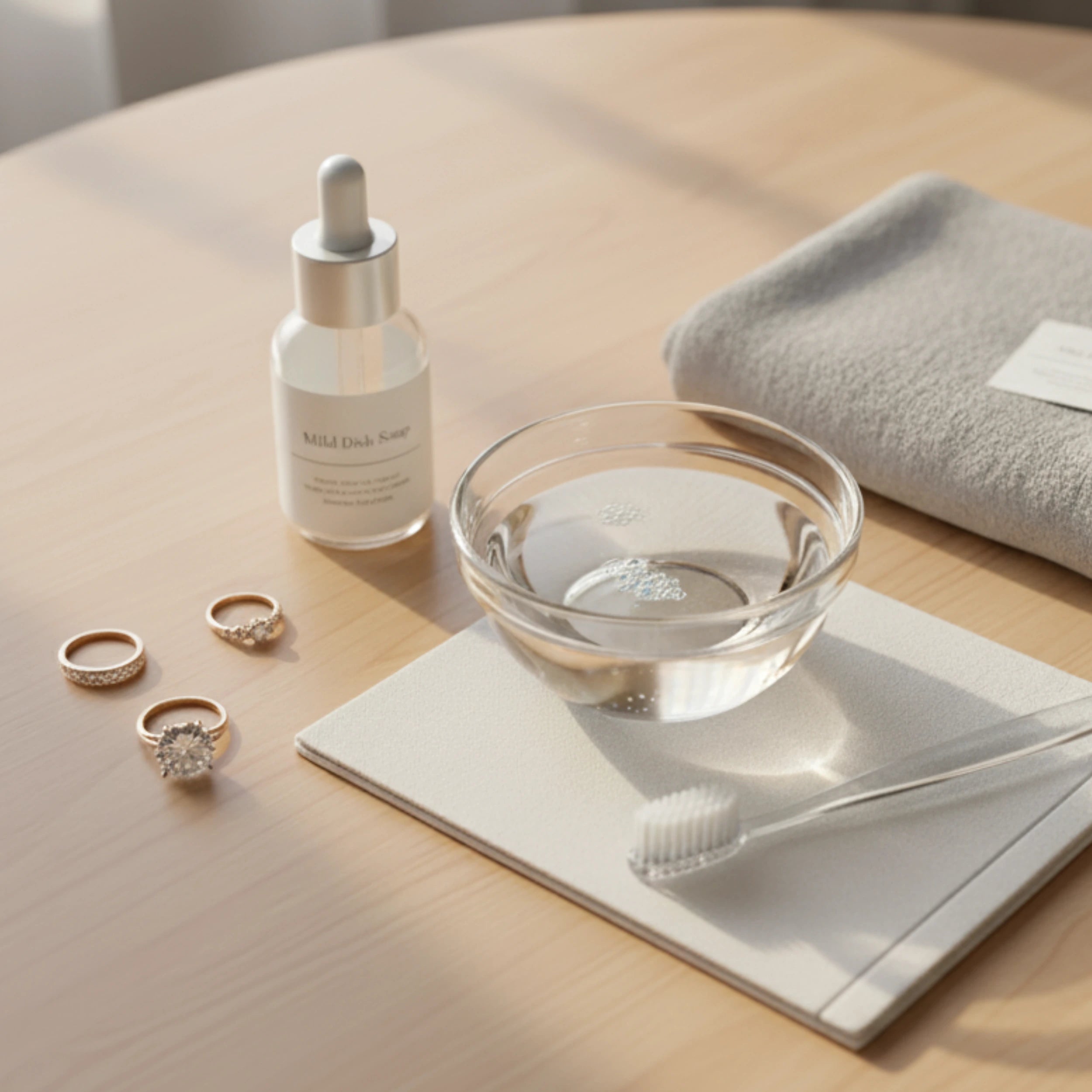 Mild soap, warm water, soft brush and lint-free cloth for cleaning jewelry