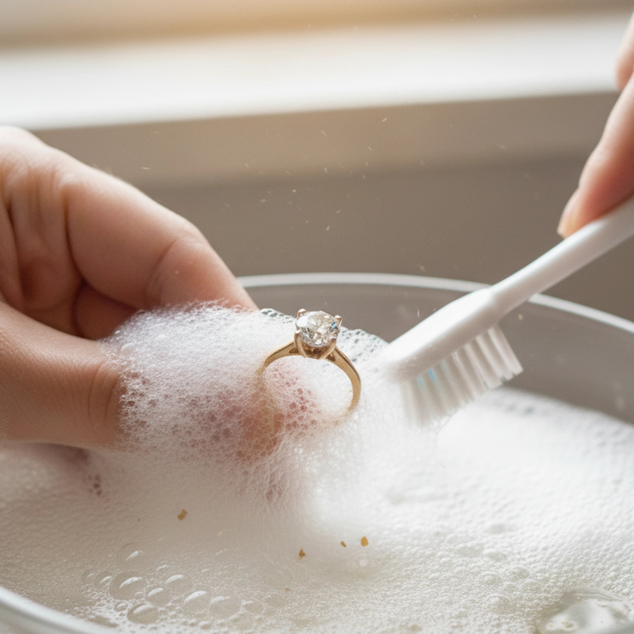 Jewelry soaking in warm soapy water for gentle cleaning