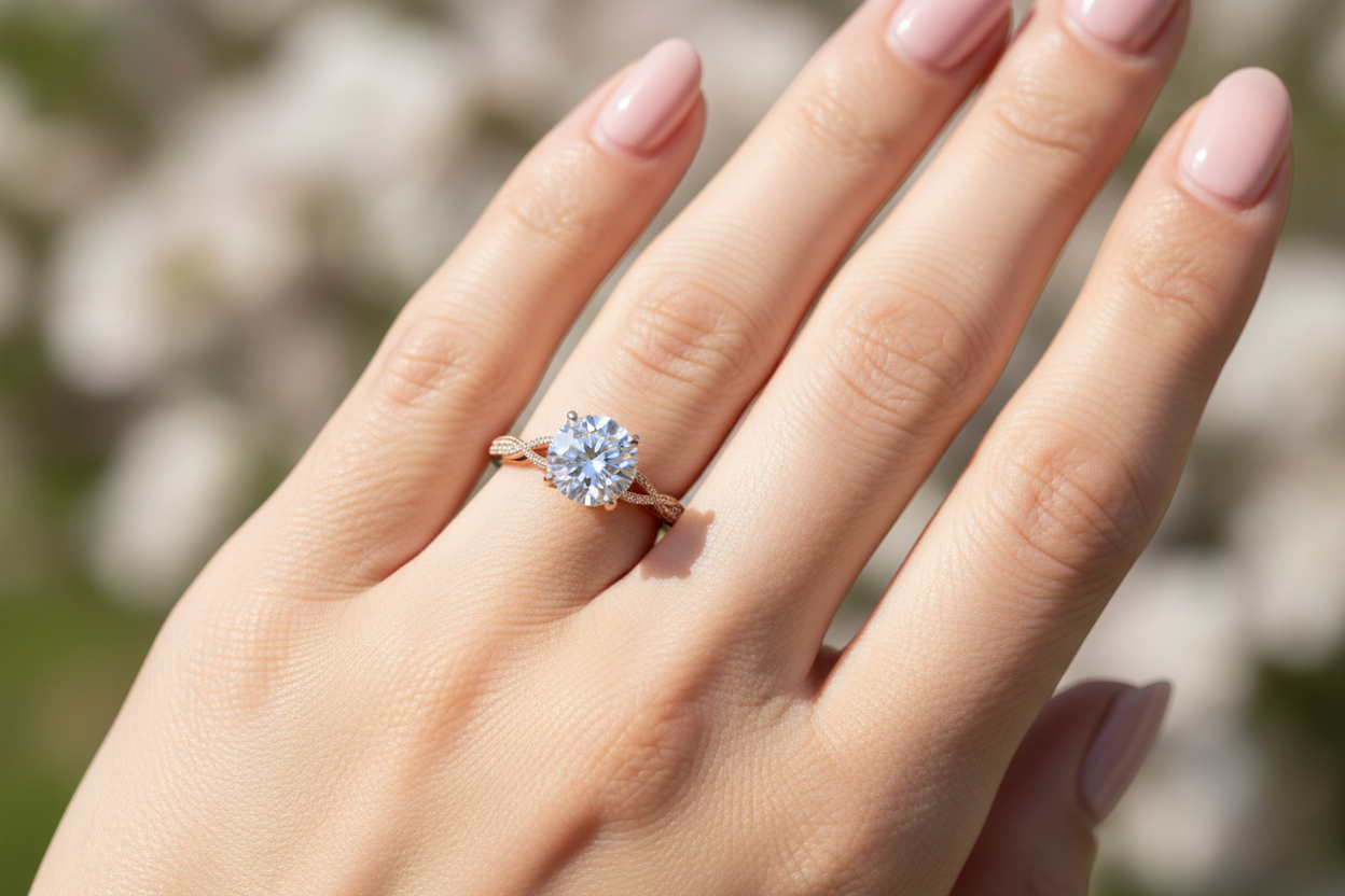 A close-up photograph of an elegant woman's hand wearing a stunning engagement ring, natural lighting, delicate feminine fingers with manicured nails in soft nude or pale pink polish, the hand gently positioned to showcase the diamond ring, soft focus background, the engagement ring features a brilliant sparkling diamond with intricate band details, realistic skin texture, warm and romantic atmosphere, professional jewelry photography style, shallow depth of field highlighting the ring, soft shadows, the ha