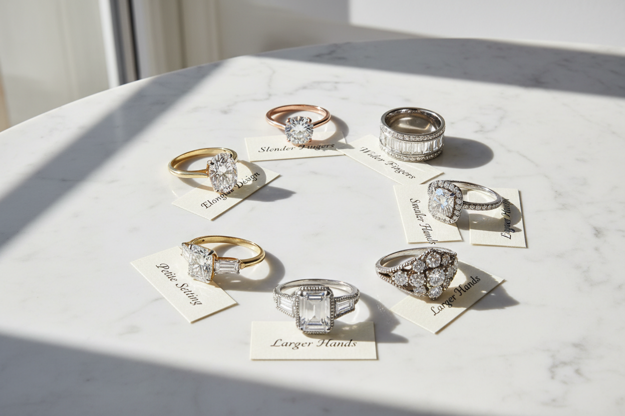 A elegant flat lay composition showcasing 6 different engagement ring styles arranged in a perfect circle on a soft white marble surface, natural window lighting, each ring representing different styles: delicate solitaire with thin band, bold wide band with pavé diamonds, petite halo setting, vintage-inspired ornate ring, three-stone setting, and modern east-west oval cut. Rings are positioned with small labeled cards beneath each showing 'Slender Fingers', 'Wider Fingers', 'Smaller Hands', 'Larger Hands',