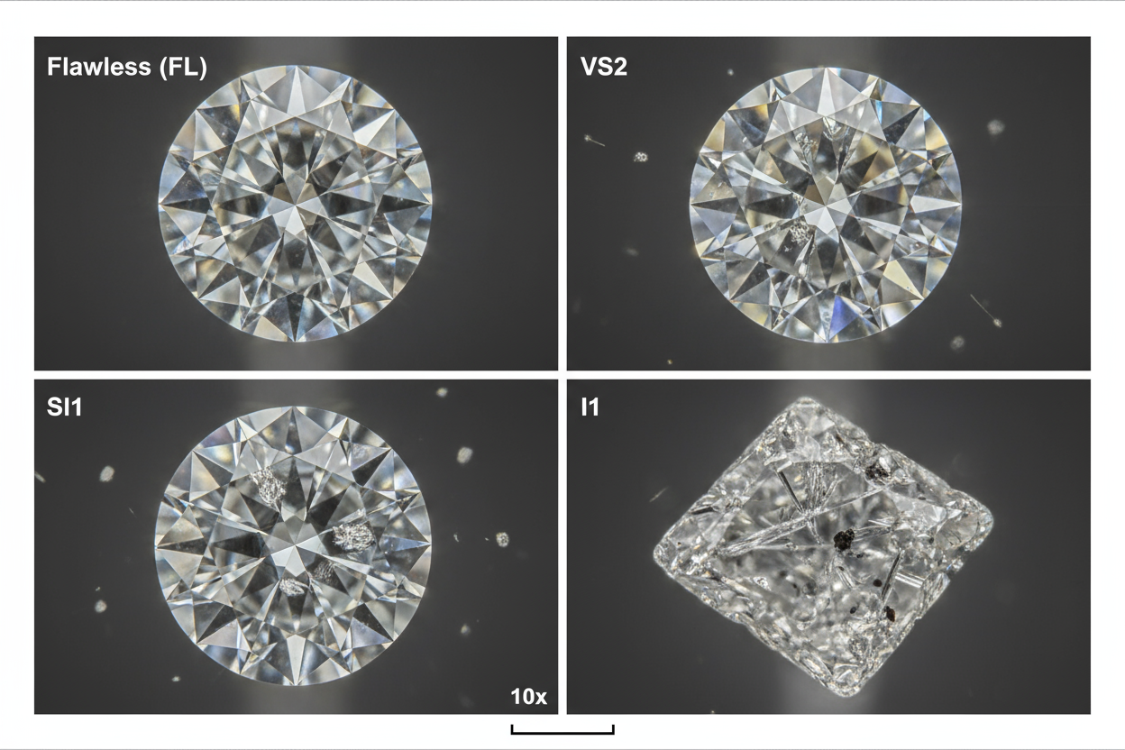 A highly detailed microscopic view split into four quadrants showing different clarity grades: Flawless (FL) - perfectly clear, VS2 - tiny inclusions barely visible, SI1 - small inclusions visible under magnification, and I1 - obvious inclusions affecting brilliance, each quadrant labeled clearly, scientific magnification style with 10x zoom indication, professional gemological presentation, clean layout, photorealistic with technical accuracy