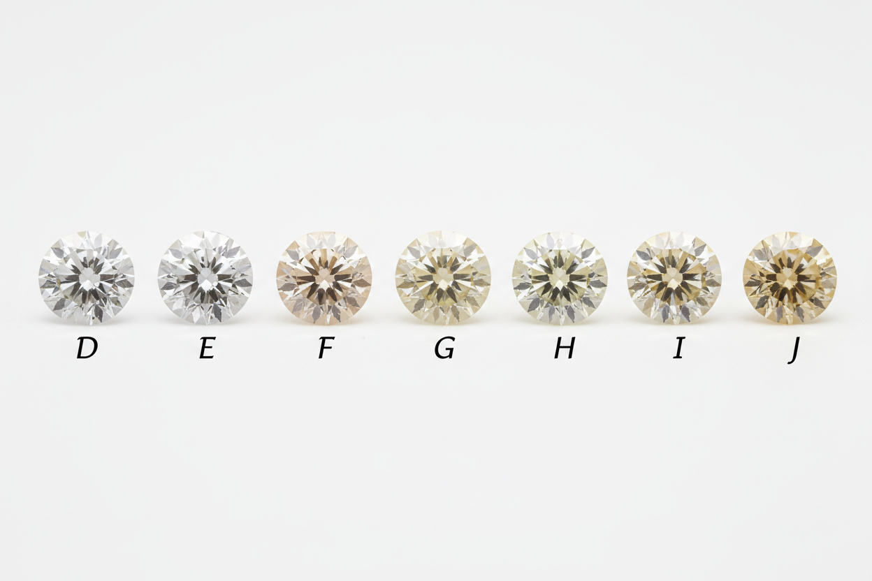 A horizontal row of 7 diamonds ranging from D color (completely colorless) to J color (near colorless with slight warmth), all the same size and cut, placed on a pure white background with neutral lighting, subtle gradation of color visible from left to right, each diamond labeled with its color grade (D, E, F, G, H, I, J), educational comparison chart style, clean and professional, photorealistic jewelry photography, high clarity
