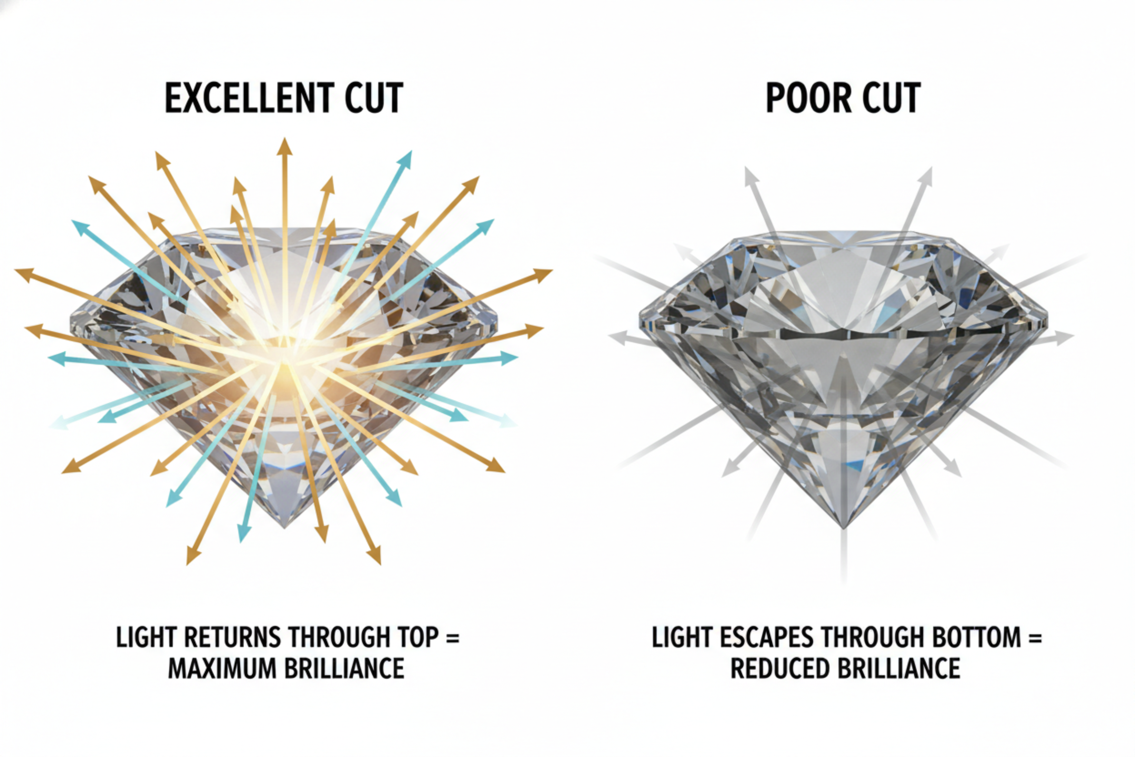 A stunning visual comparison showing light path through a diamond, split-screen image of an excellently cut diamond versus a poorly cut diamond, arrows showing light reflection and refraction patterns, the excellent cut showing maximum brilliance with light returning through the top, the poor cut showing light escaping through the bottom, educational diagram style mixed with photorealistic diamond imagery, professional jewelry illustration, clean white background, scientific yet beautiful