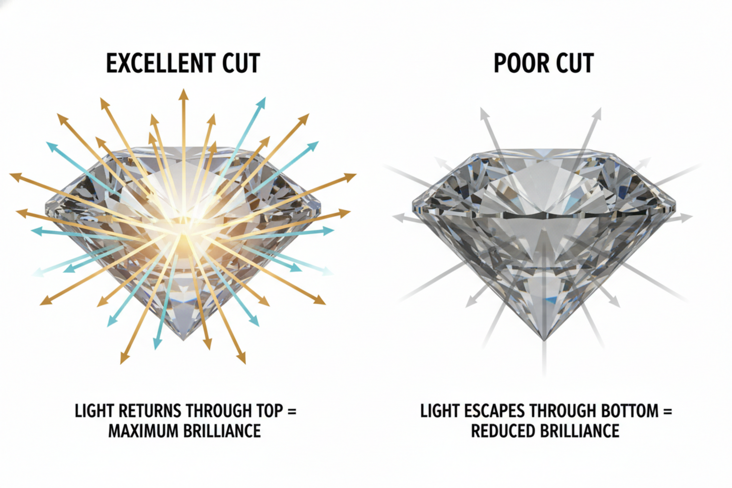 A stunning visual comparison showing light path through a diamond, split-screen image of an excellently cut diamond versus a poorly cut diamond, arrows showing light reflection and refraction patterns, the excellent cut showing maximum brilliance with light returning through the top, the poor cut showing light escaping through the bottom, educational diagram style mixed with photorealistic diamond imagery, professional jewelry illustration, clean white background, scientific yet beautiful