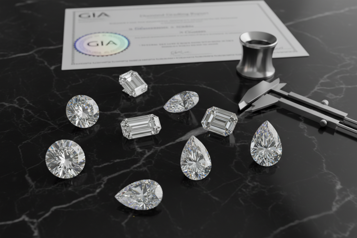 An elegant flat lay composition of multiple diamonds of different shapes (round, oval, pear, emerald cut) arranged artistically on a deep black marble surface, each diamond catching light differently, professional jewelry photography, GIA certificate partially visible in background, measuring tools and loupe nearby, sophisticated and educational aesthetic, studio lighting, photorealistic, commercial quality