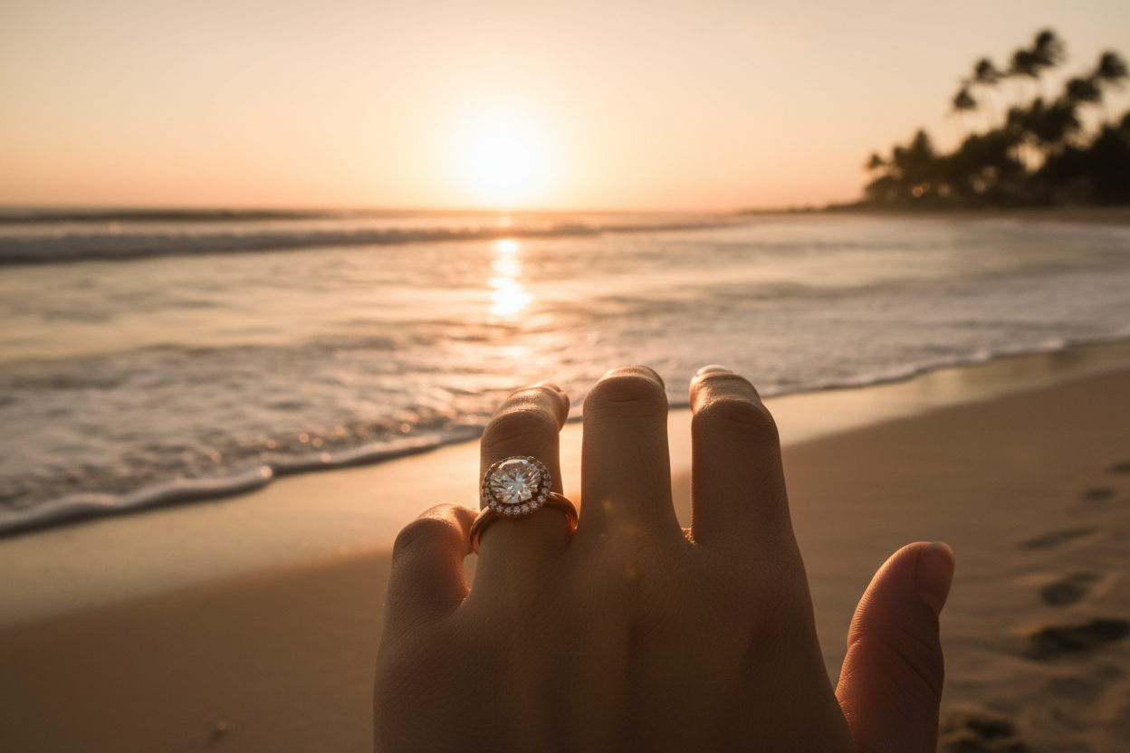 Beach Romance
A woman's hand with rose gold engagement ring featuring round diamond, hand positioned on sandy beach or near ocean waves, sunset lighting, natural and beachy aesthetic, the ring sparkling in golden hour light, casual romantic setting, destination engagement vibes, warm color grading, dreamy atmosphere
