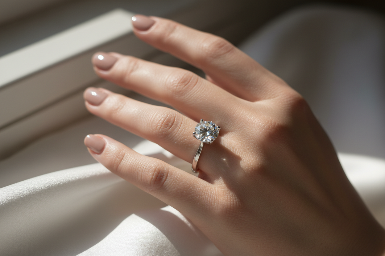Classic Elegance
A beautiful woman's hand with an elegant solitaire engagement ring, fingers gracefully extended, soft window light creating gentle shadows, the diamond catching light and sparkling brilliantly, smooth skin with natural texture, neutral nail polish, the hand resting on white silk fabric, luxury jewelry photography, sharp focus on the ring, romantic and timeless aesthetic, high resolution, photorealistic