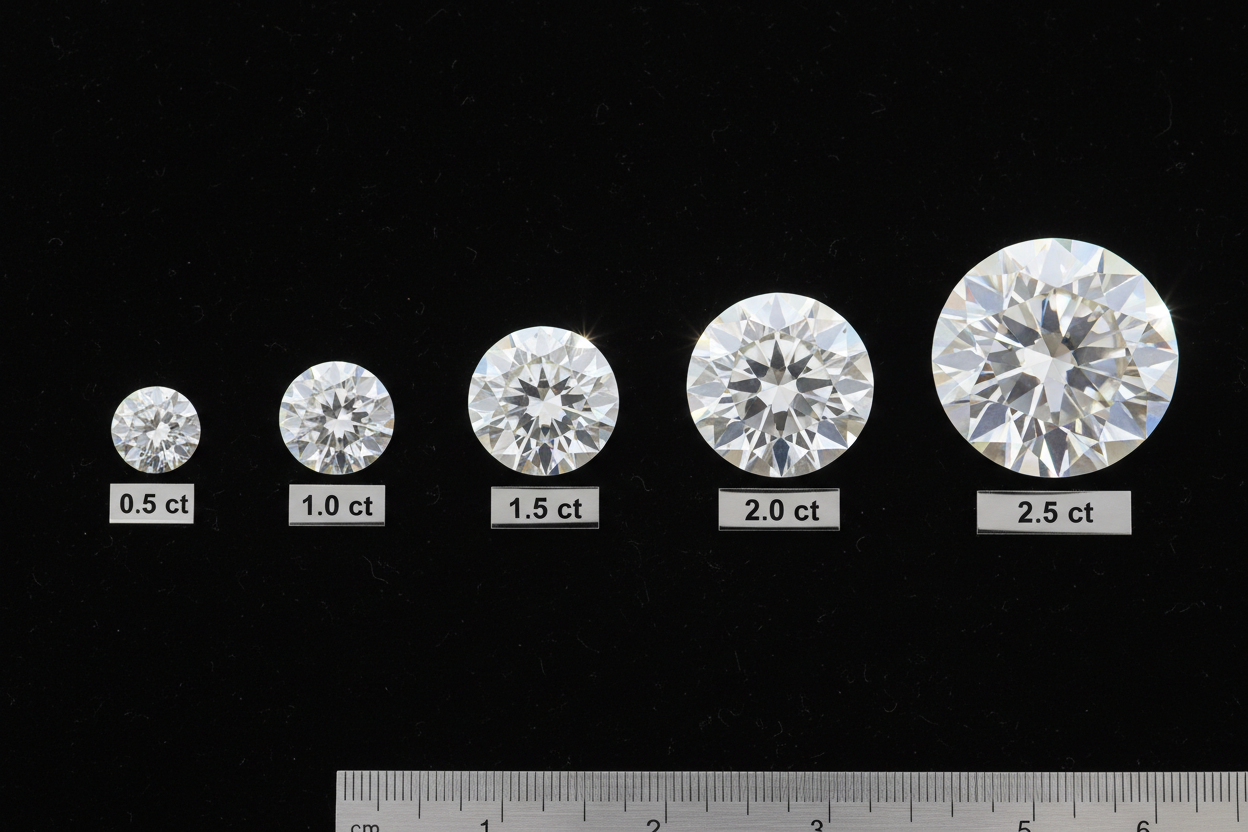 Five brilliant round diamonds of increasing carat weights (0.5ct, 1.0ct, 1.5ct, 2.0ct, 2.5ct) arranged in ascending size order on a black velvet surface, each diamond labeled with its carat weight, showing the visual size difference between weights, all diamonds have identical cut quality and proportions, clean presentation, professional jewelry photography, scale indicator visible, educational comparison, photorealistic, studio lighting highlighting each stone's brilliance