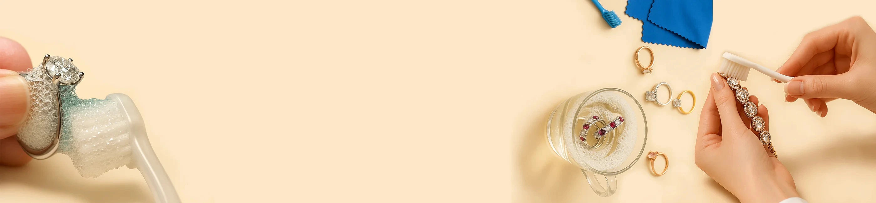 Jewelry care guide banner showing assorted fine jewelry and cleaning tools