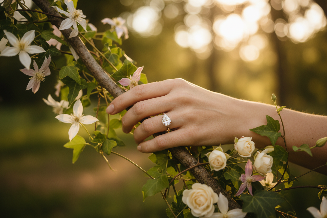 Natural Beauty
Candid shot of a woman's hand with pear-shaped diamond engagement ring, hand naturally positioned in outdoor setting, surrounded by greenery or flowers, soft natural sunlight, organic and authentic feel, the ring sparkling against natural background, casual yet elegant composition, lifestyle photography style, romantic outdoor wedding aesthetic
