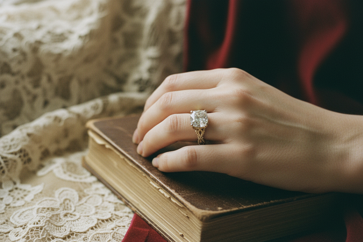 Vintage Romance
A woman's elegant hand wearing a vintage-inspired cushion cut engagement ring, antique lace or velvet background, soft diffused lighting, intricate filigree details on the band, yellow gold setting, romantic and nostalgic mood, the hand delicately posed holding a vintage book or teacup, film photography aesthetic, warm tones